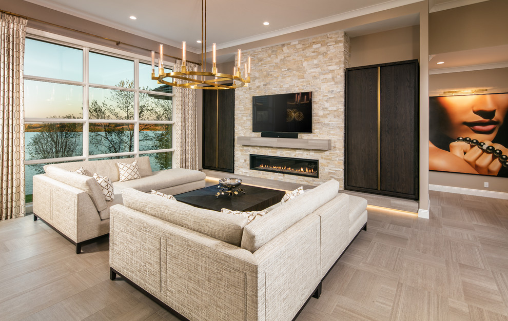 This is an example of a mid-sized transitional open concept living room in Omaha with brown walls, porcelain floors, a ribbon fireplace, a stone fireplace surround, a wall-mounted tv and brown floor.