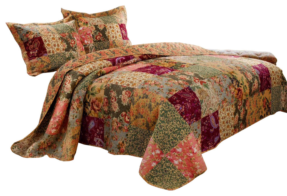 Kamet 3 Piece Fabric Queen Size Bedspread Set With Floral Prints, Multicolor