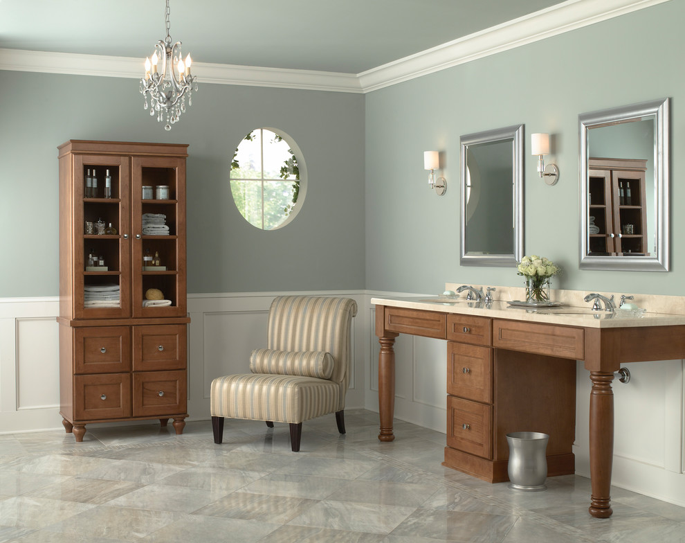 This is an example of a mid-sized traditional master bathroom in Other with medium wood cabinets, marble floors, an undermount sink, grey floor, recessed-panel cabinets, grey walls and beige benchtops.