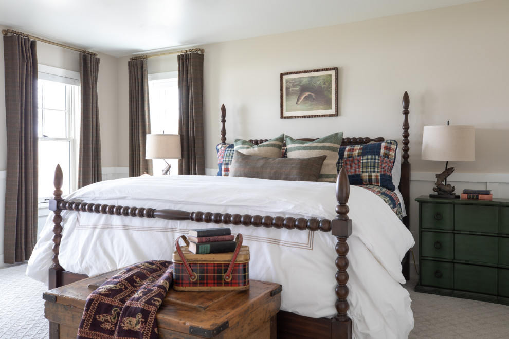 Свежая идея для дизайна: гостевая спальня среднего размера, (комната для гостей) в морском стиле с белыми стенами, ковровым покрытием и панелями на стенах - отличное фото интерьера