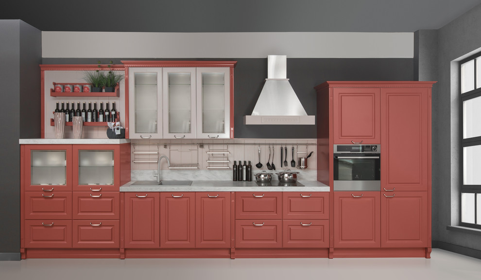 Kitchen - contemporary single-wall kitchen idea in Other with marble countertops, red backsplash, a drop-in sink, raised-panel cabinets, red cabinets and no island