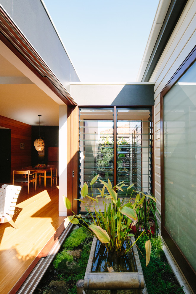 This is an example of a small contemporary courtyard partial sun formal garden in Sydney with a water feature.