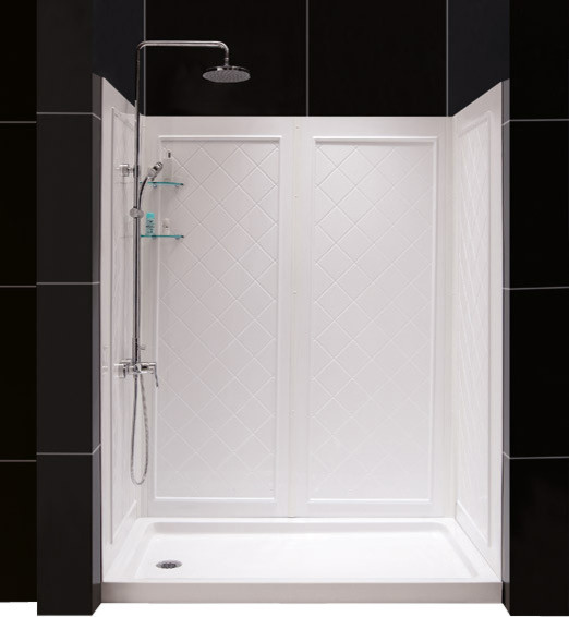 32 D x 60 W x 76.75 H Right Drain Acrylic Shower Base, QWALL-5 Backwall, White