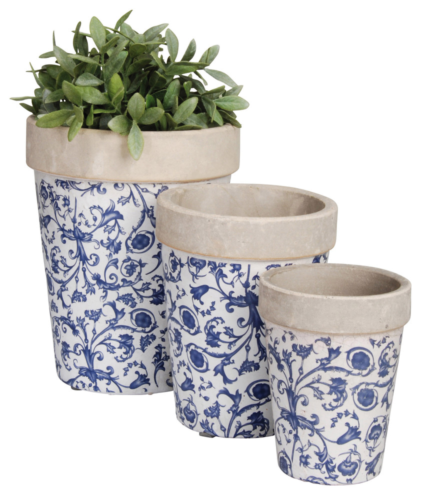 Scroll Flower Pots, Set of 3, Blue and White