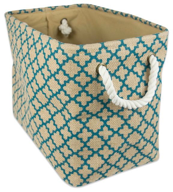 DII Burlap Bin Lattice Teal Rectangle Large 18x12x15" Contemporary