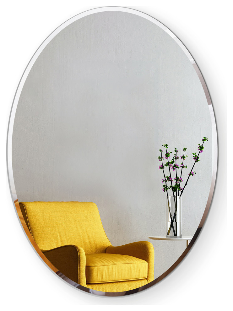 Oval Beveled Polished Frameless Wall Mirror With Hooks 22 X 39 Contemporary Bathroom