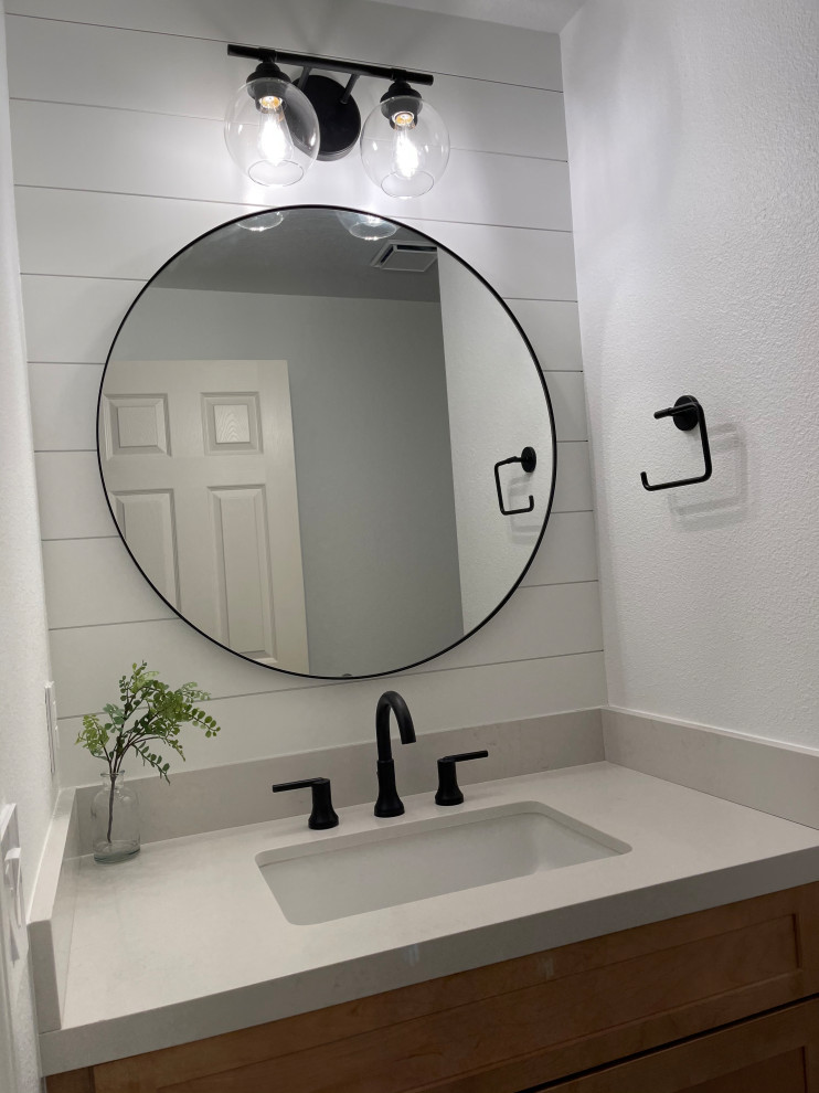 This is an example of a medium sized farmhouse family bathroom in Orange County with shaker cabinets, medium wood cabinets, a submerged sink, a single sink and a built in vanity unit.
