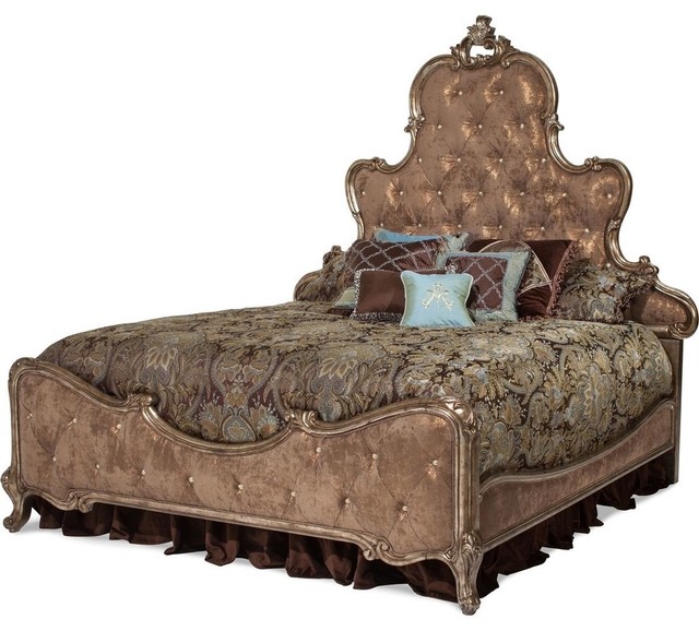 Aico Michael Amini Platine De Royale Light Espresso Upholstered Bed, Queen Victorian Panel