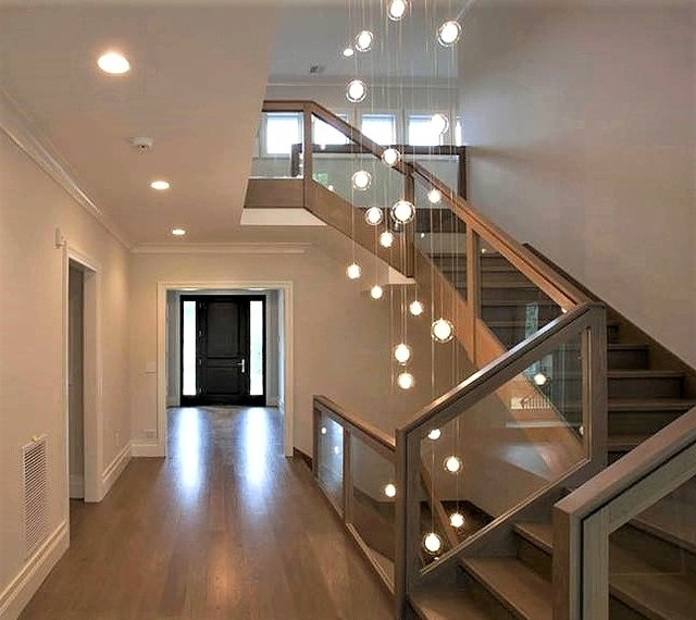3 STORY STAIRCASE MODERN CHANDELIER, CONTEMPORARY FOYER Transitional