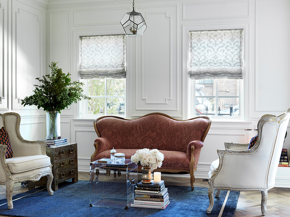 Living room - french country formal medium tone wood floor living room idea in Chicago with white walls