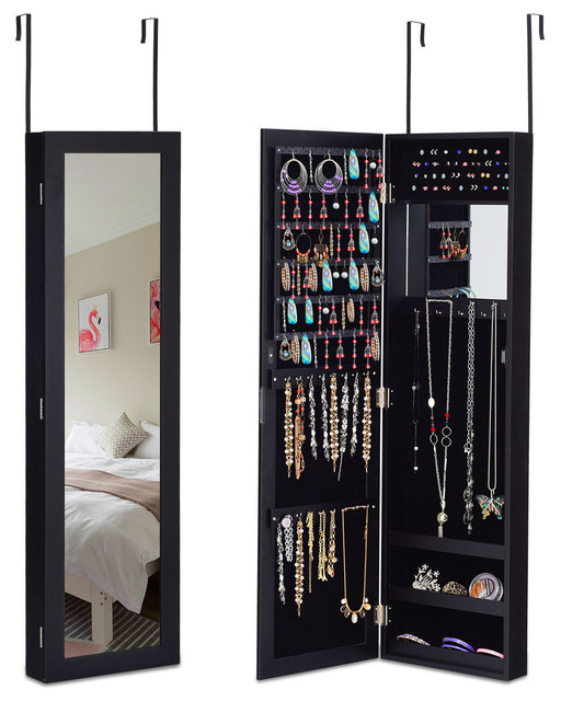 Costway Wall Door Mounted Mirrored Jewelry Armoire Storage Organizer Black