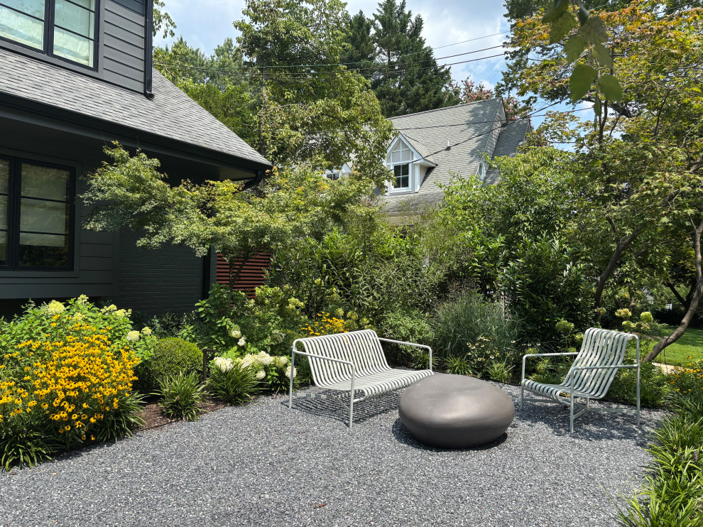 A front gravel patio