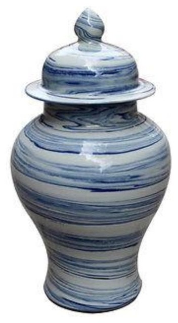 Blue and White Modern Marbelized Porcelain Temple Jar, 16"