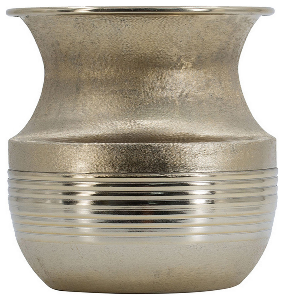 Riva 9" Reeded Aluminum Pot Vase, Bright Gold Finish, Flared Bottleneck