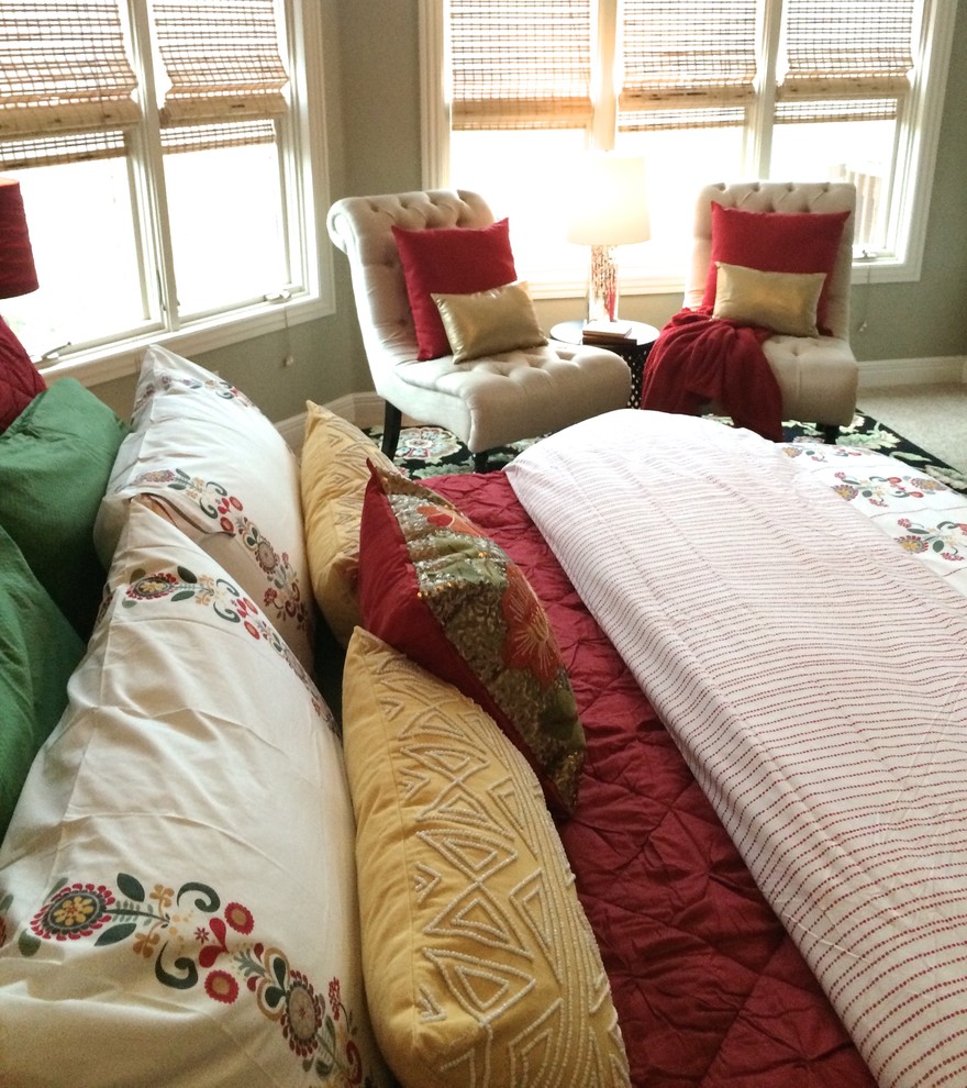 Large transitional master carpeted bedroom photo with beige walls and no fireplace