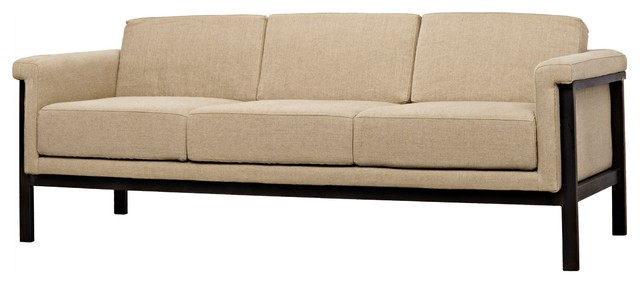 83 Sofa Black Metal Frame 3 Seater Linen Upholstery Modern Sleek Cly