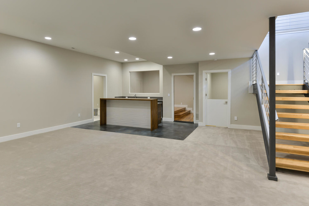Large contemporary look-out basement in Denver with grey walls, carpet, no fireplace and grey floor.