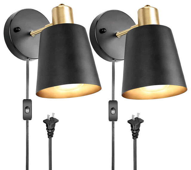 2 Pack Plug In Bedroom Sconce Black Gold Industrial Sconces Wall Lighting