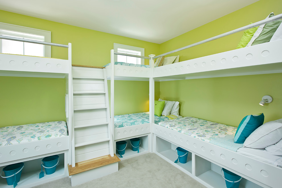 Contemporary gender-neutral kids' bedroom in Miami with green walls and carpet for kids 4-10 years old.