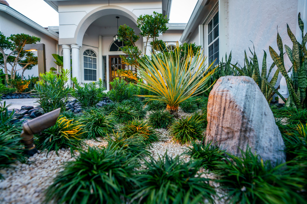 Design ideas for a mid-sized modern front yard full sun xeriscape in Miami with a garden path and natural stone pavers.