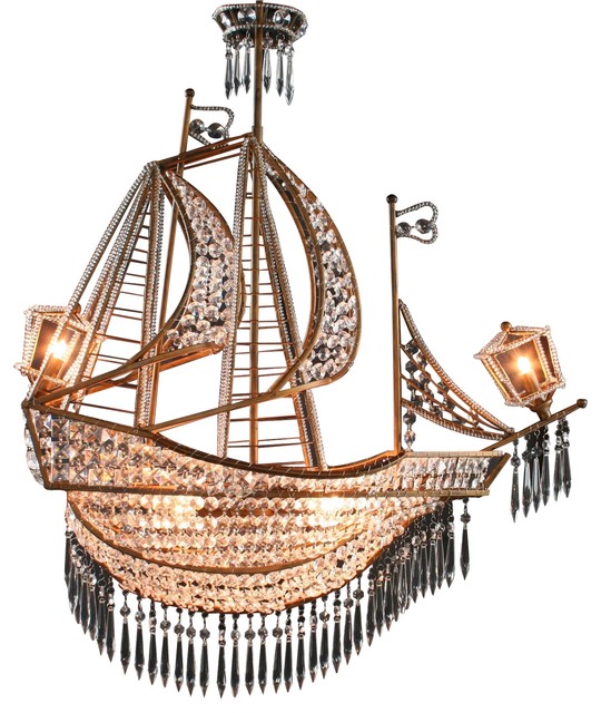 Large Sailing Ship Crystal Chandelier  4 Lights  Glass & Antiqued