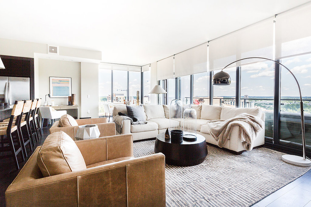 Penthouse Decor in Bethesda - Inspiration for a mid-sized transitional formal and open concept carpeted and gray floor living room remodel in DC Metro with white walls, no fireplace and no tv