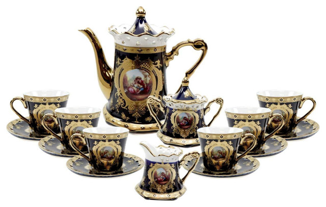 24K Gold Royalty Porcelain 17-pc Flower Pattern Dark Cobalt Blue Tea Set for 6 