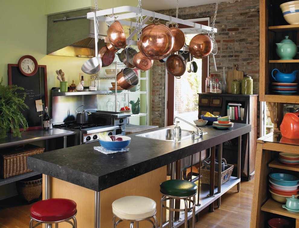 Inspiration for an industrial kitchen in Boise with a drop-in sink, open cabinets and laminate benchtops.