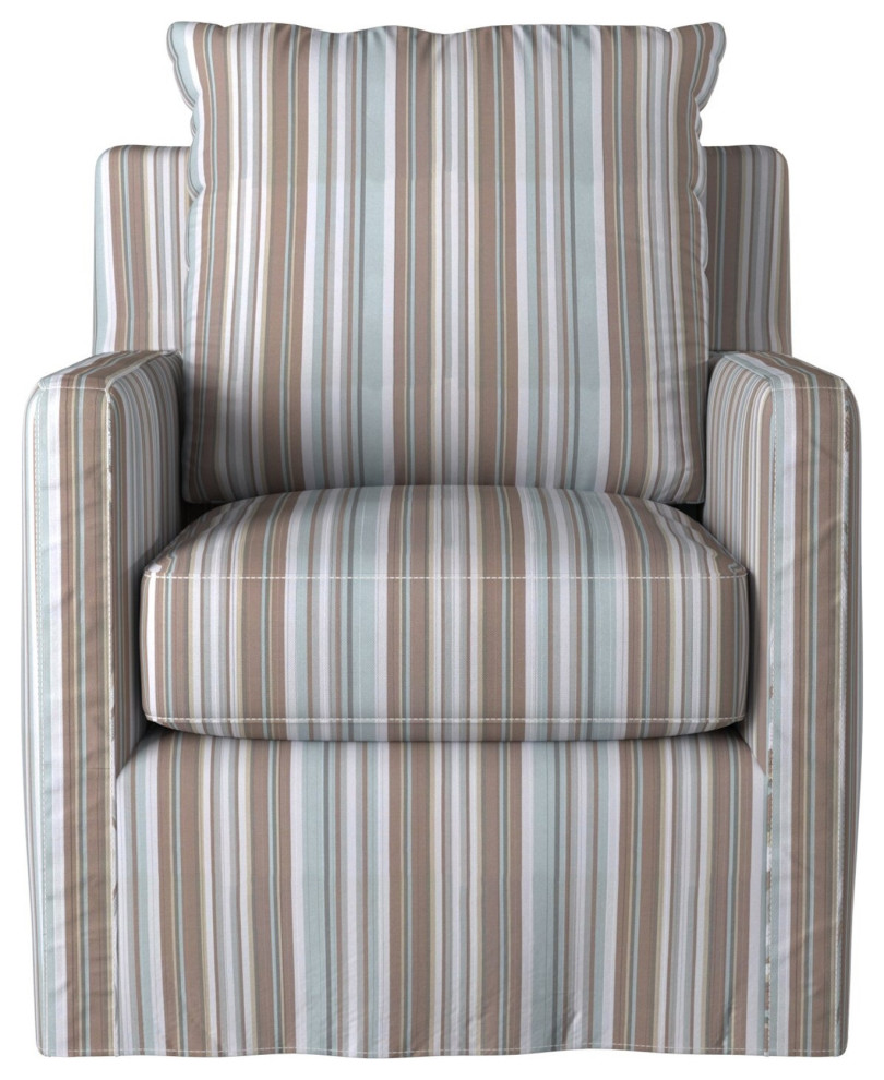 Seaside Blue Striped Slip-Covered Swivel Chair, Box Cushion, Track Arm