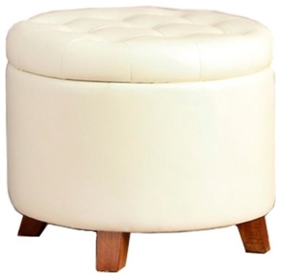 Poundex Round Faux Leather Storage Ottoman, White