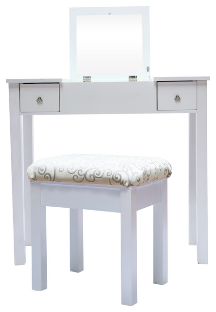 Wooden Makeup Flip Top Mirrored Dressing Table Set White Wooden Makeup Flip Top Mirrored Dressing Table Set White Contemporary Tables By Cloud Mountain Inc