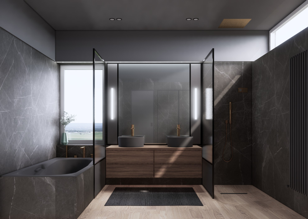 Idéer för att renovera ett mellanstort funkis brun brunt en-suite badrum, med släta luckor, svarta skåp, ett undermonterat badkar, en öppen dusch, svart kakel, marmorkakel och träbänkskiva