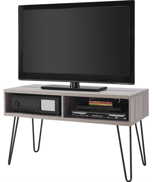Modern Tv Stand Oak Finish With Mid Century Style Metal Legs