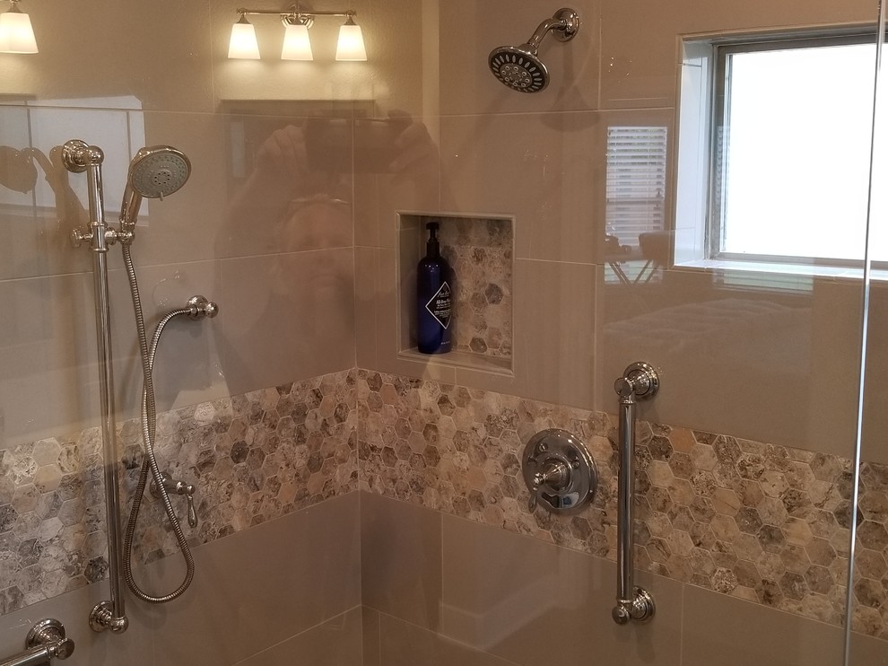 This is an example of a mid-sized transitional master bathroom in Austin with raised-panel cabinets, dark wood cabinets, a freestanding tub, an alcove shower, a two-piece toilet, gray tile, porcelain tile, grey walls, porcelain floors, an undermount sink, engineered quartz benchtops, grey floor, a hinged shower door and white benchtops.