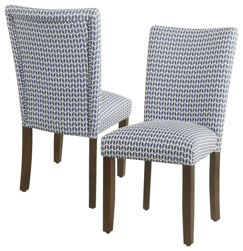 Set of 2 Armless Dining Chair, Tapered Legs With Cushioned Seat, Blue Geometric