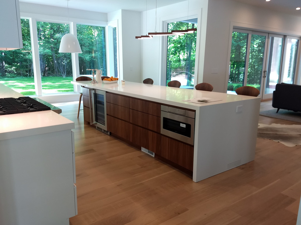 Inspiration for a modern open plan kitchen in New York with flat-panel cabinets and with island.