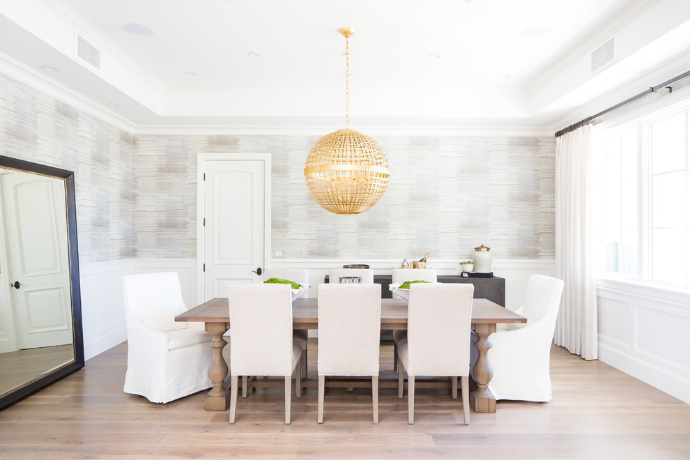 Example of a transitional light wood floor enclosed dining room design in Orange County with multicolored walls and no fireplace