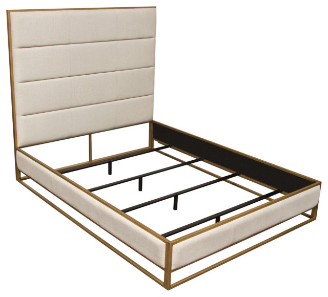 Empire Queen Bed With Gold Metal Frame, Sand Fabric Contemporary