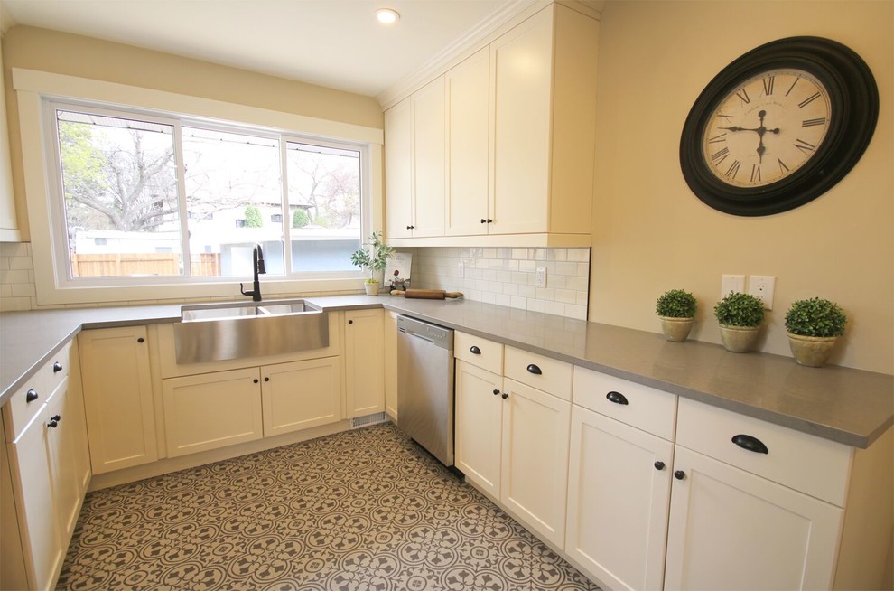 Inspiration for a porcelain tile kitchen remodel with quartz countertops, ceramic backsplash and gray countertops