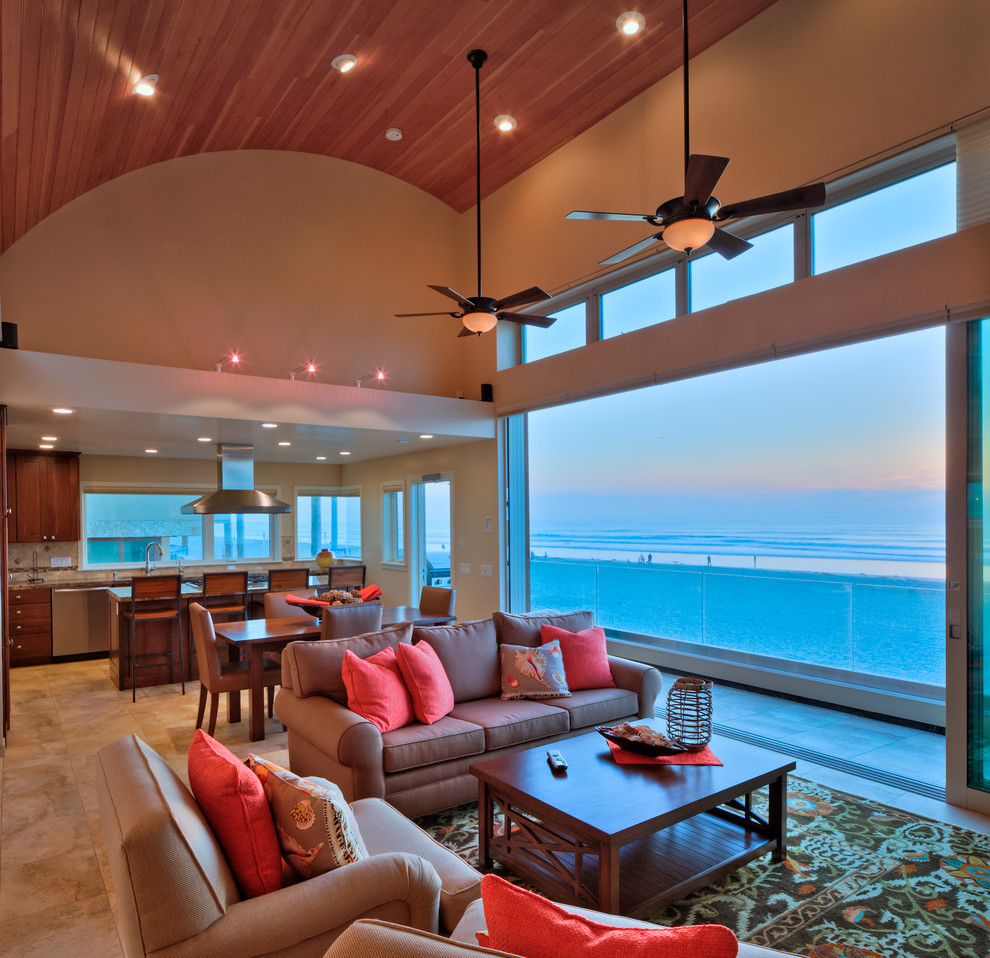 Inspiration for a mid-sized beach style formal open concept living room in San Diego with porcelain floors.