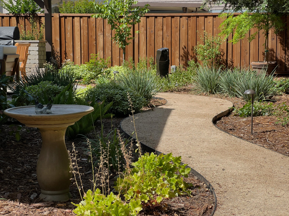 Mittelgroßer, Halbschattiger Klassischer Garten hinter dem Haus mit Wasserspiel und Granitsplitt in Sacramento