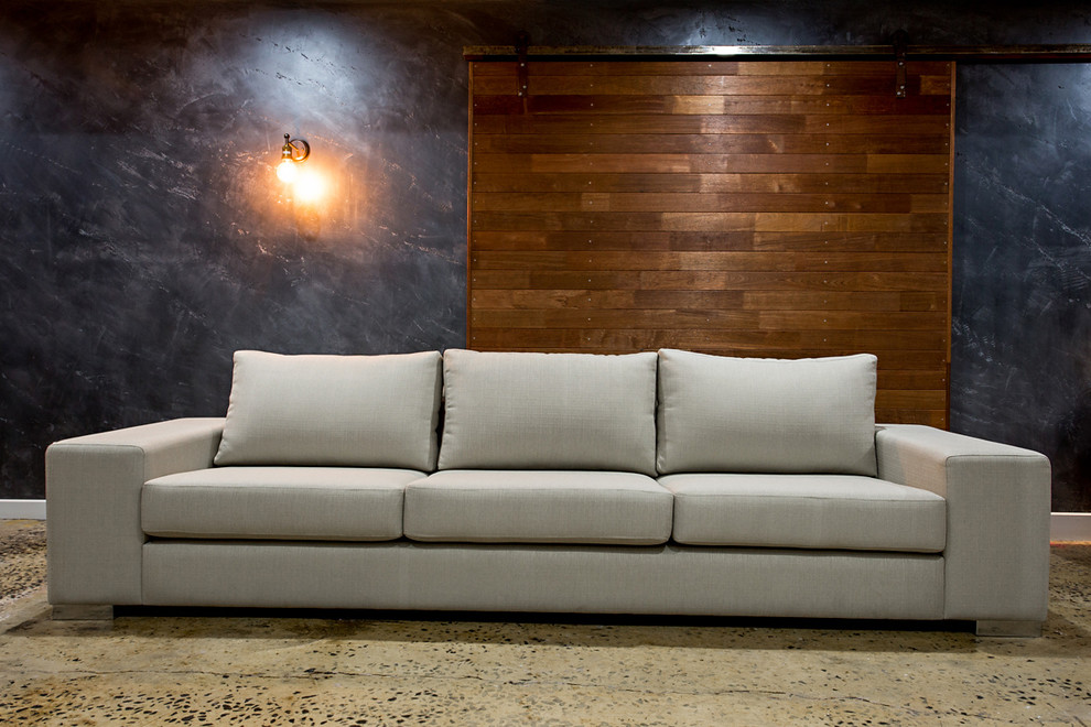 Home design - mid-sized contemporary open concept concrete floor home design idea in Melbourne with blue walls