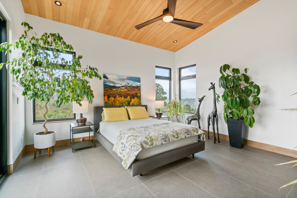 Пример оригинального дизайна: гостевая спальня среднего размера, (комната для гостей) в современном стиле с белыми стенами, полом из керамической плитки, серым полом и деревянным потолком
