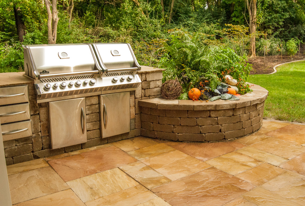 Inspiration for a transitional shade backyard stone landscaping in St Louis for fall.