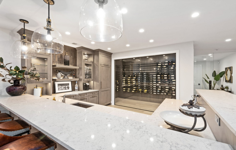 Example of a large transitional underground vinyl floor and brown floor basement design in Chicago with white walls