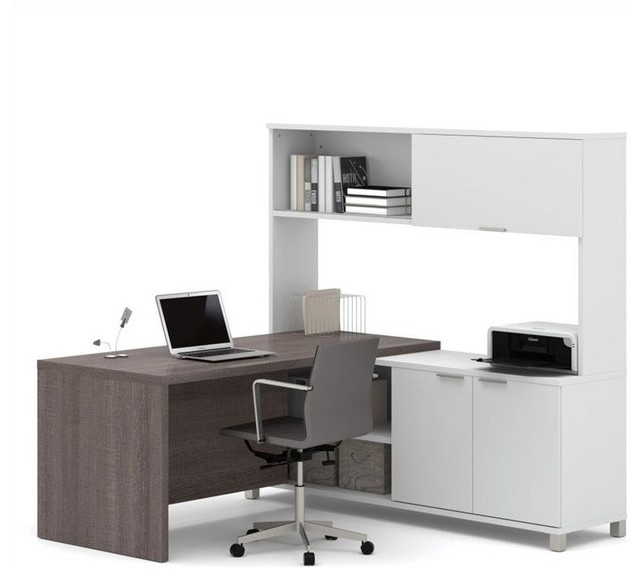 Pro Linea Modern L Shaped Desk Hutch Bark Gray White