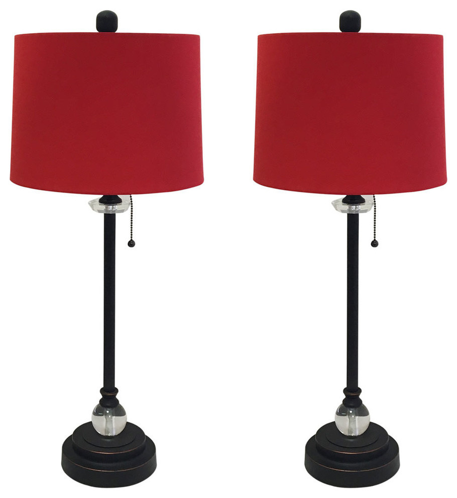 28" Crystal Buffet Lamp With Red Drum Shade, Oil Rubbed Bronze, Set of 2