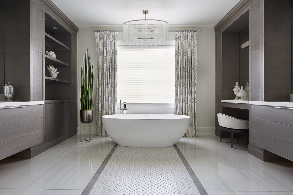 This is an example of a large eclectic master bathroom in Toronto with flat-panel cabinets, dark wood cabinets, a freestanding tub, white walls, white floor, white benchtops, a single vanity and a built-in vanity.