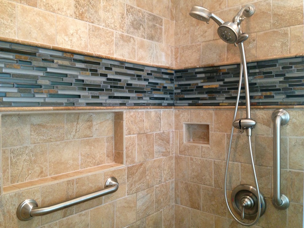 Mid-sized transitional master beige tile and porcelain tile porcelain tile alcove shower photo with raised-panel cabinets, white cabinets, a two-piece toilet and blue walls