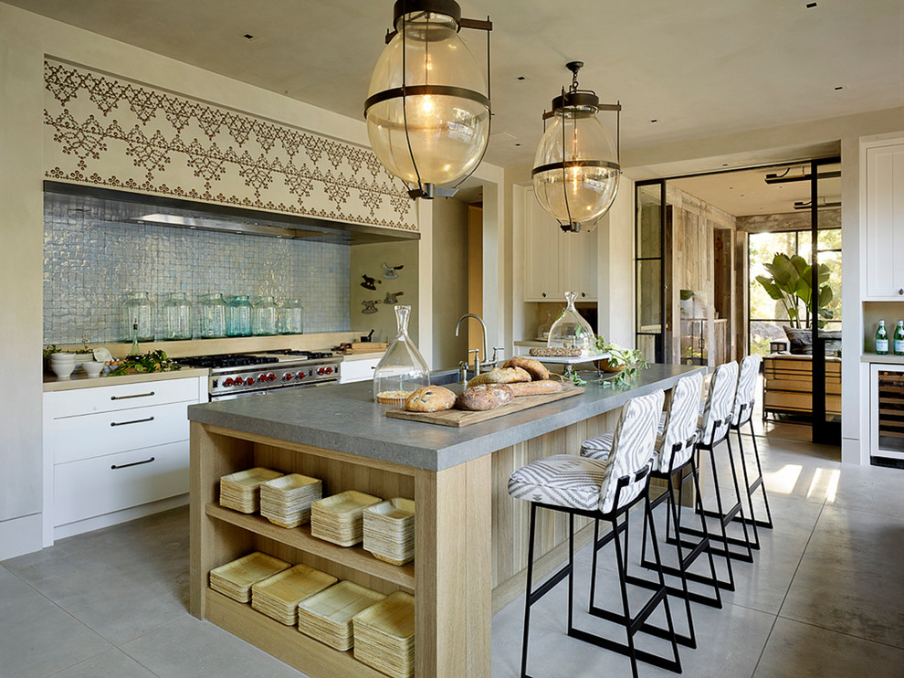 Design ideas for a large country eat-in kitchen in San Francisco with a drop-in sink, recessed-panel cabinets, medium wood cabinets, stainless steel appliances and with island.